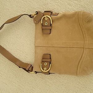 COACH Soho Y2k 2005 Vintage Tan Neutral Suede Shoulder Bag w Brass & Leather